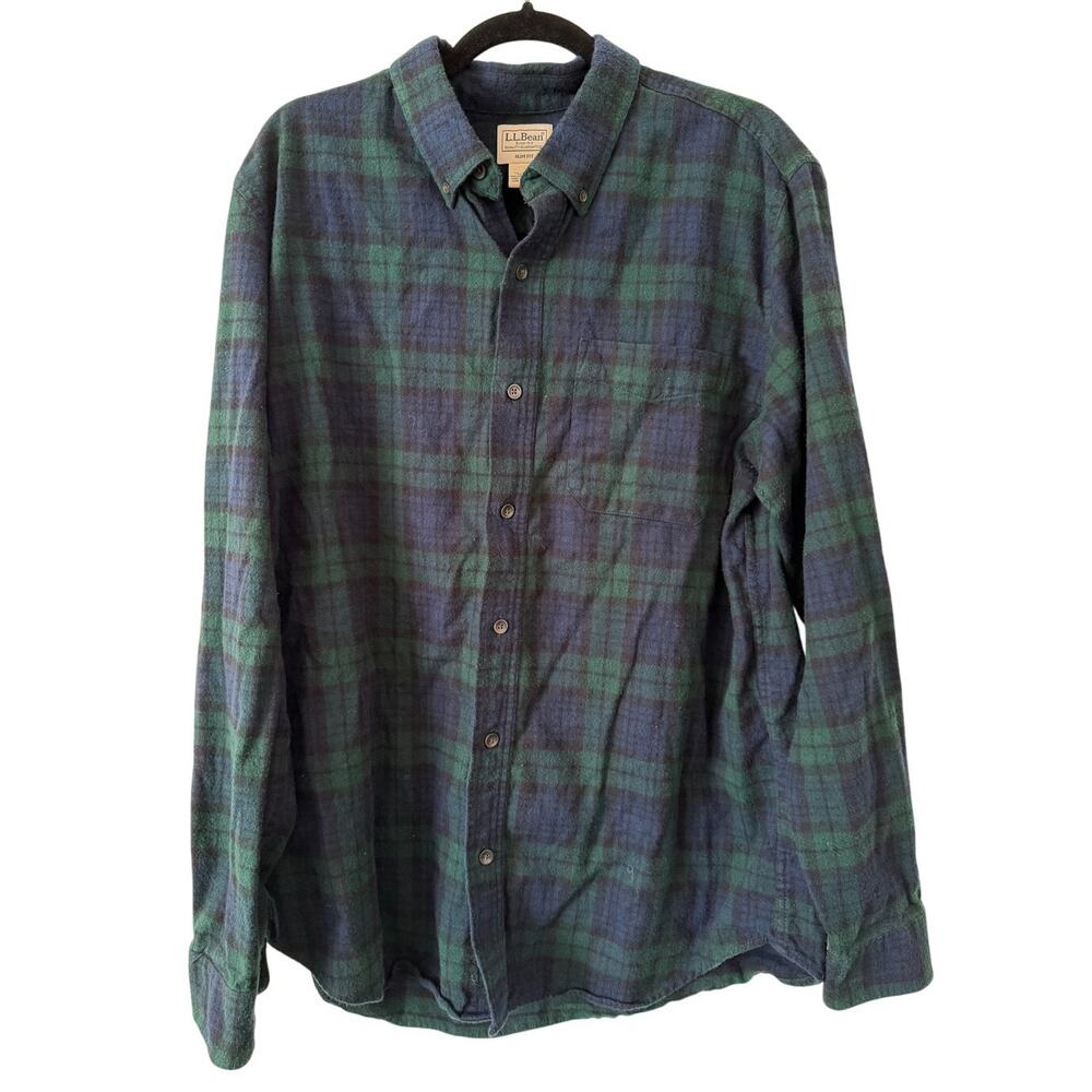 LL Bean 100% Cotton ButtonDown LongSleeve Green/Blue Slim Fit Plaid Flannel-XL